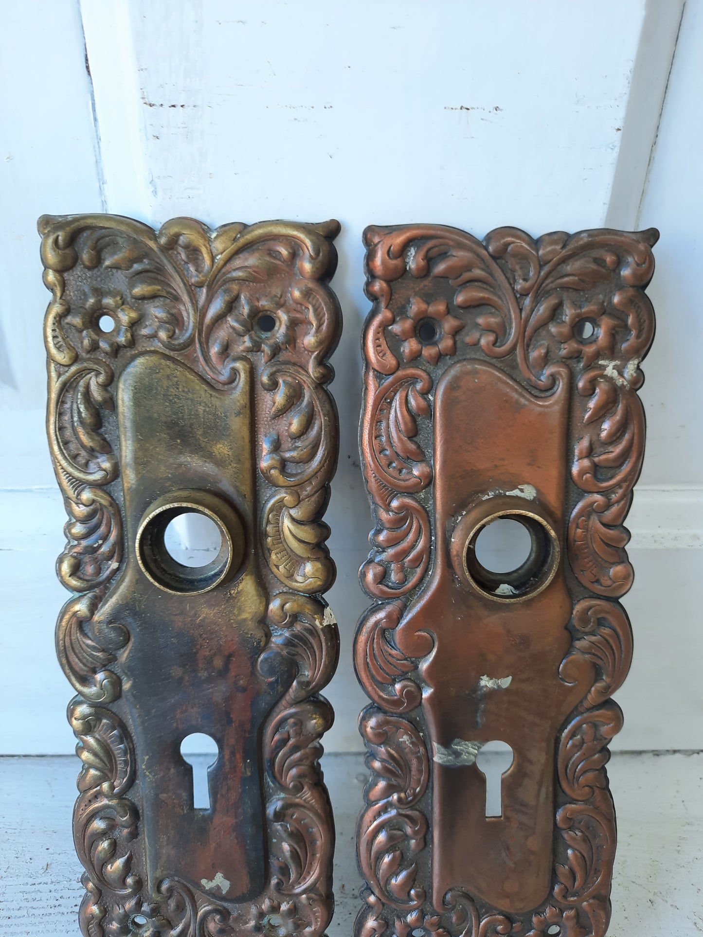 Eulalia Brass Backplate Pair, Set of Victorian Floral Pattern Doorknob Escutcheon Plates