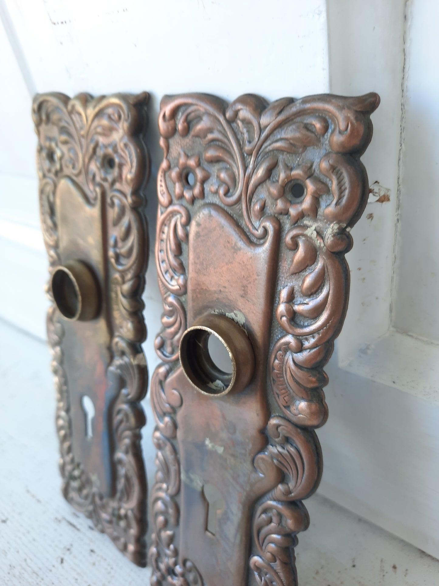 Eulalia Brass Backplate Pair, Set of Victorian Floral Pattern Doorknob Escutcheon Plates