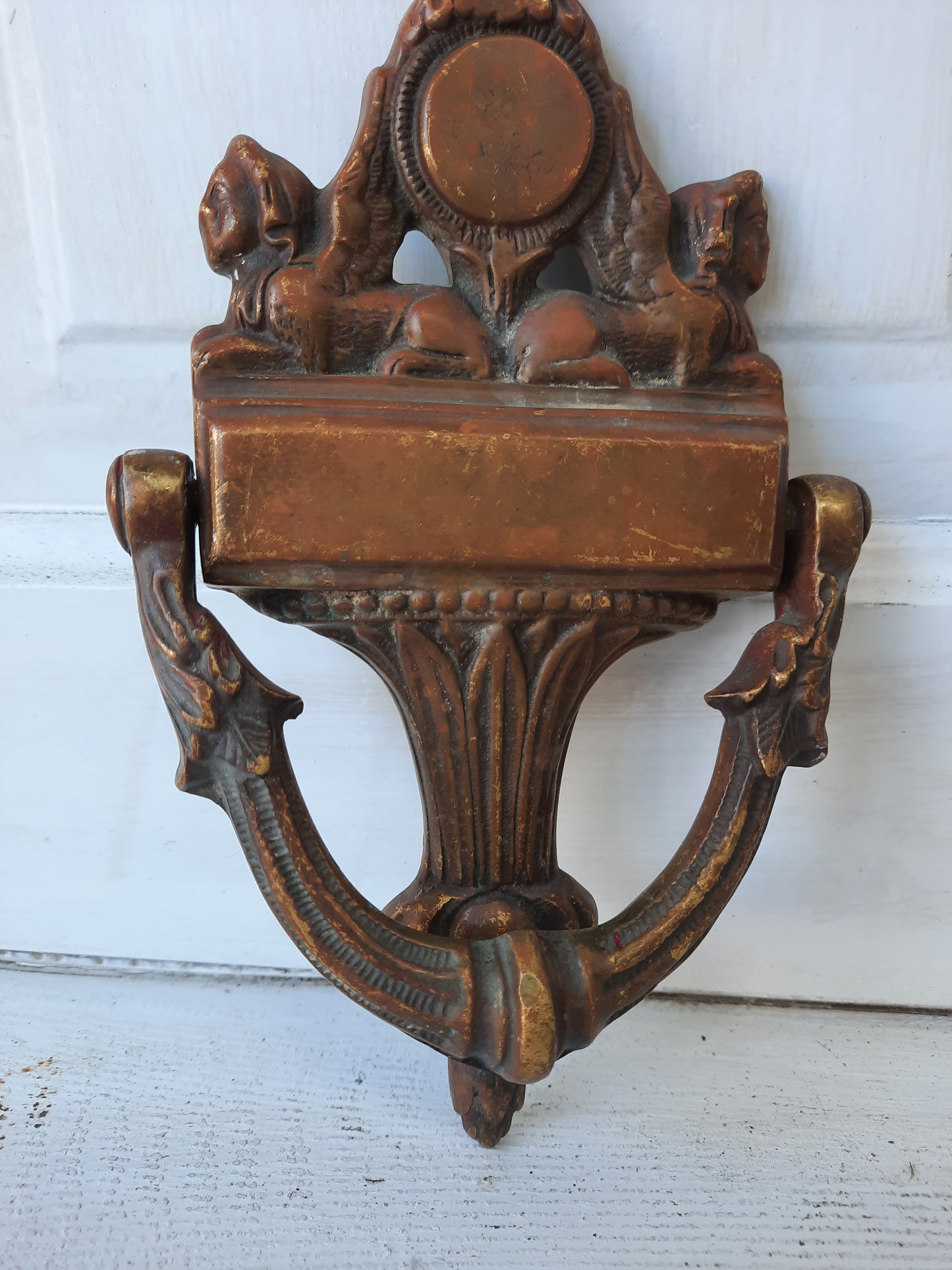 Vintage Bronze Door Knocker with Sphinx, Large Bronze Front Door Knocker