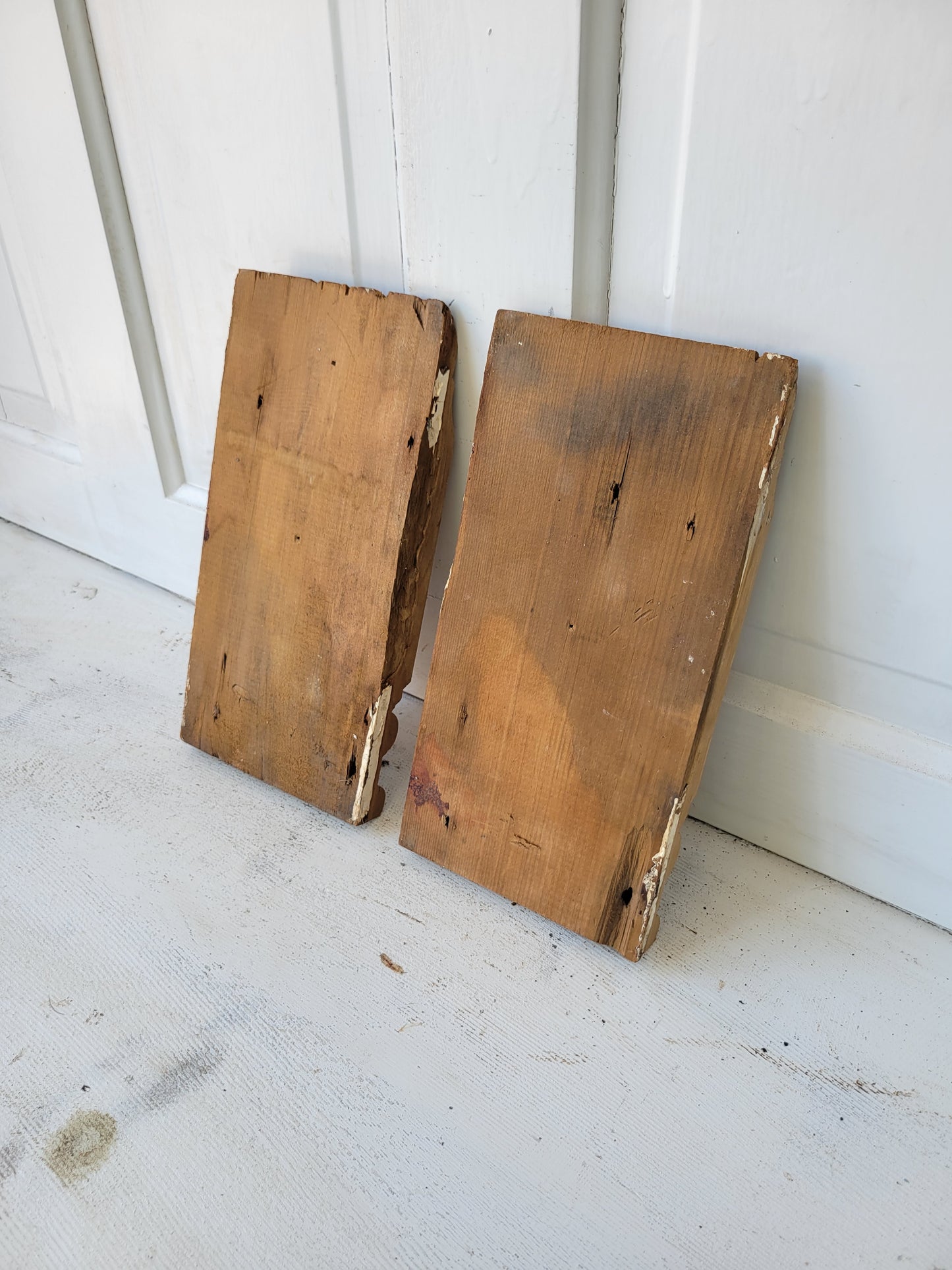 Two Antique Spoon Carved Plinth Blocks, Vintage Base Wood Trim Blocks #072903