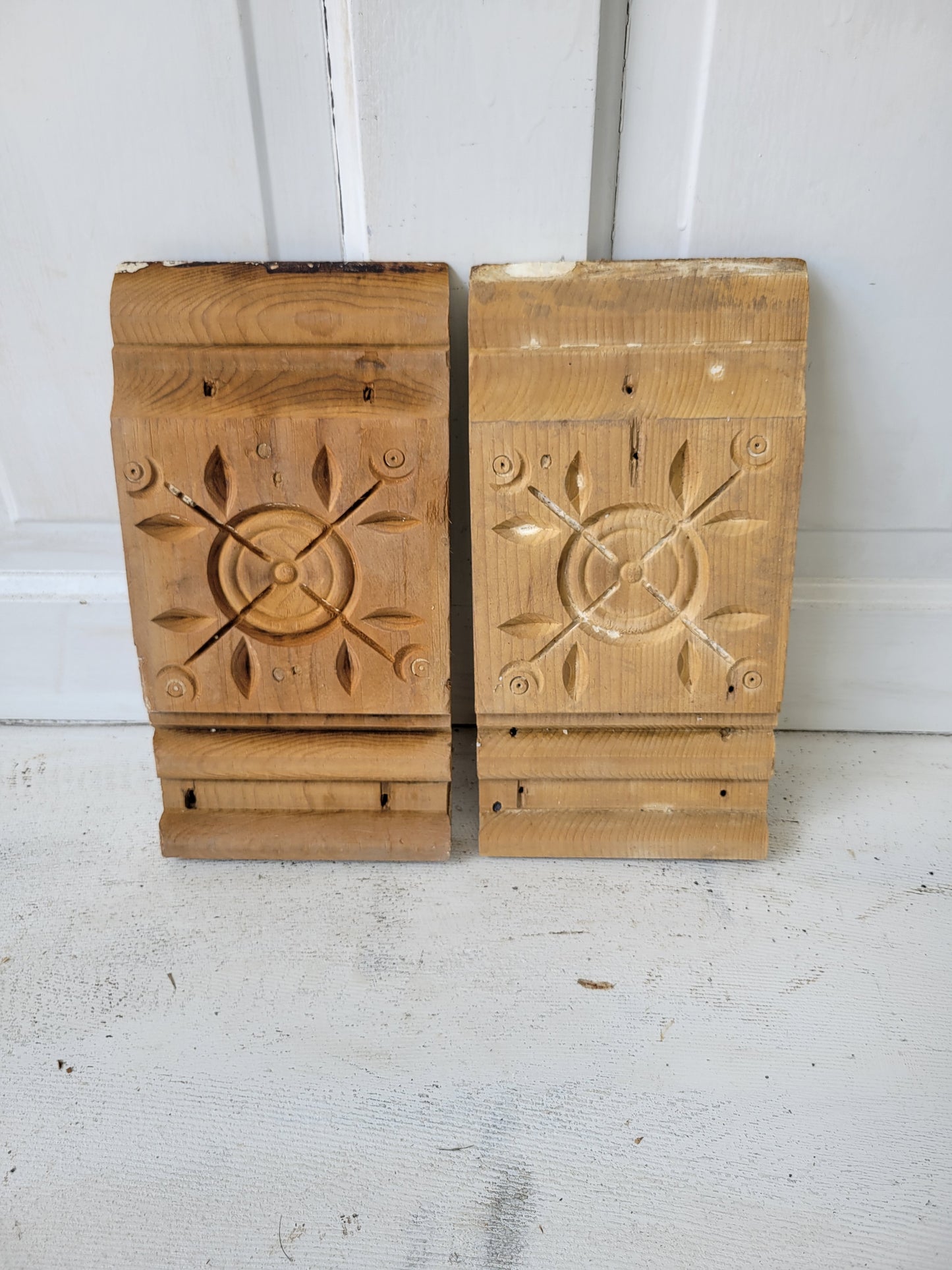 Set of Two Antique Spoon Carved Plinth Blocks, Vintage Base Wood Trim Blocks #072905