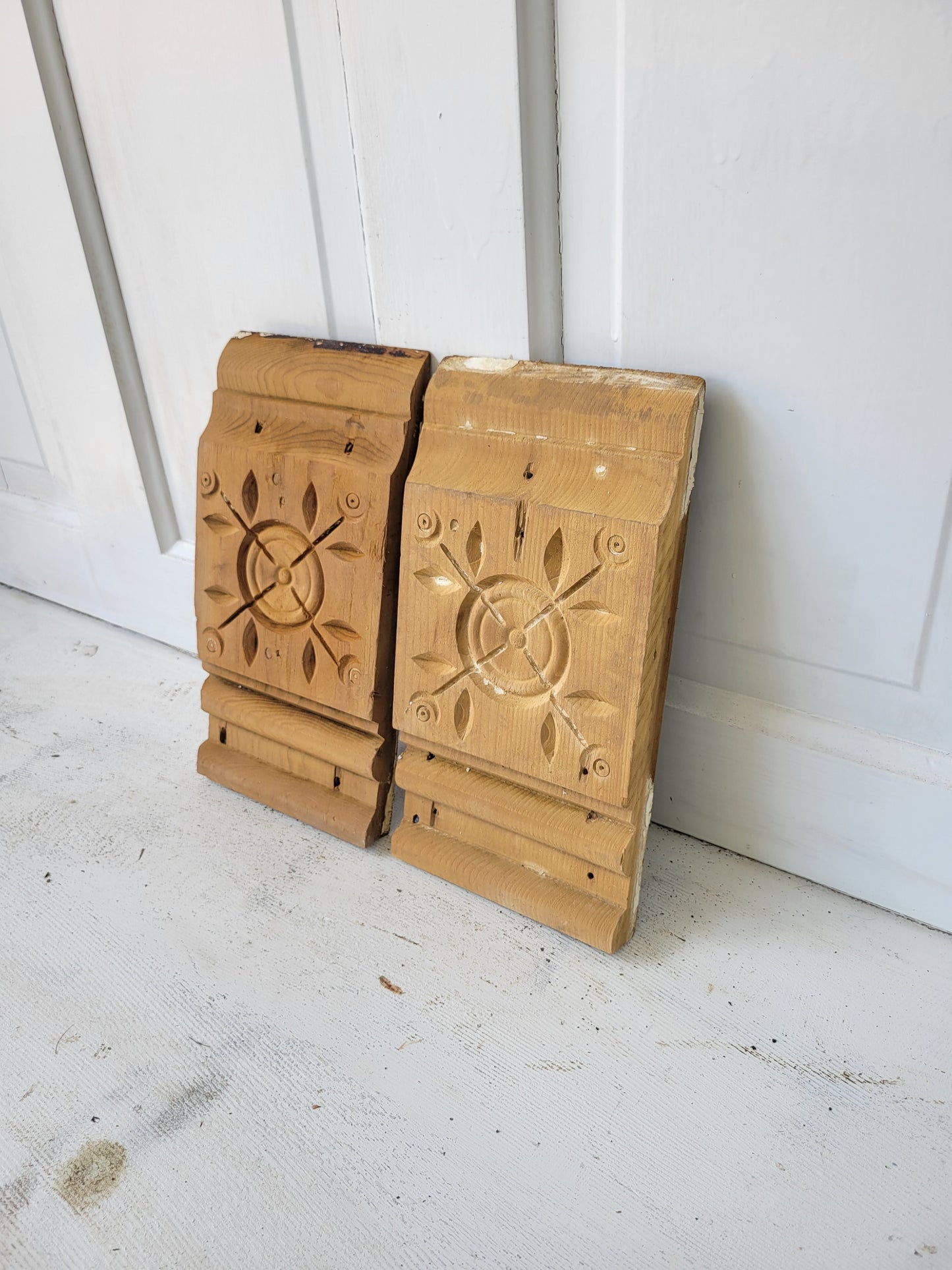 Set of Two Antique Spoon Carved Plinth Blocks, Vintage Base Wood Trim Blocks #072905