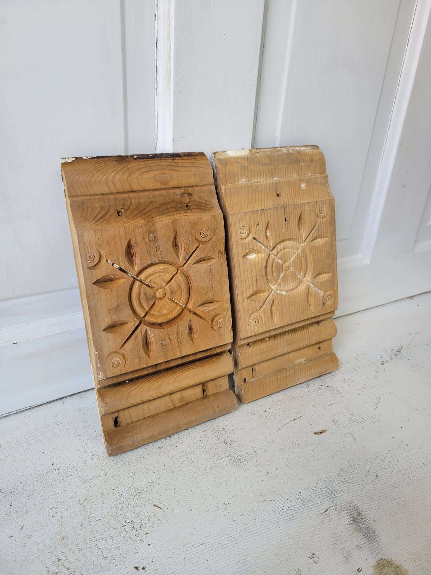 Set of Two Antique Spoon Carved Plinth Blocks, Vintage Base Wood Trim Blocks #072905