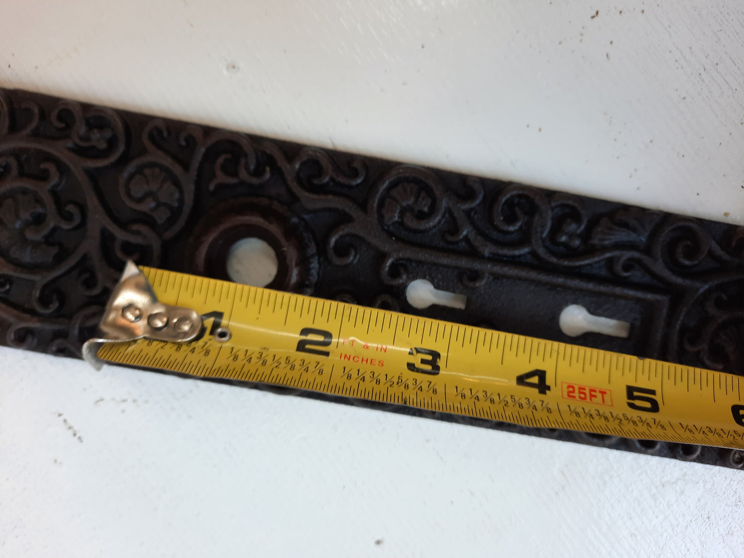 Large Antique Iron Entry Backplate, Ornate Double Keyhole Front Door Plate 080102