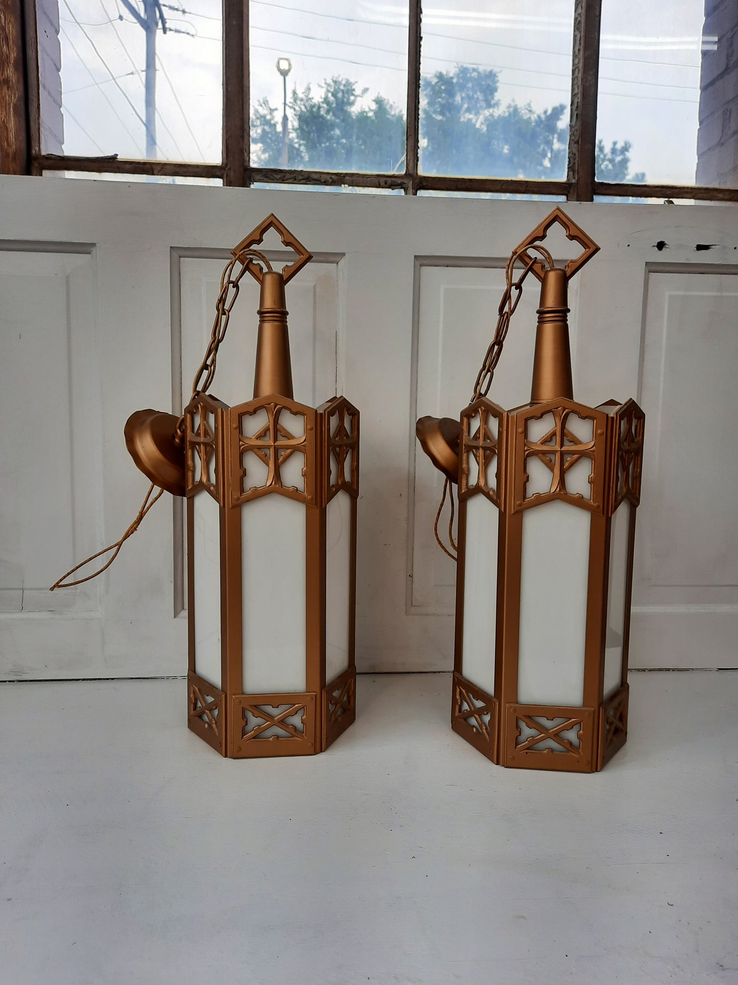 Two Small Vintage Church Pendant Lights with Gothic Style Metal Frames, Gold Vintage Pendant Light