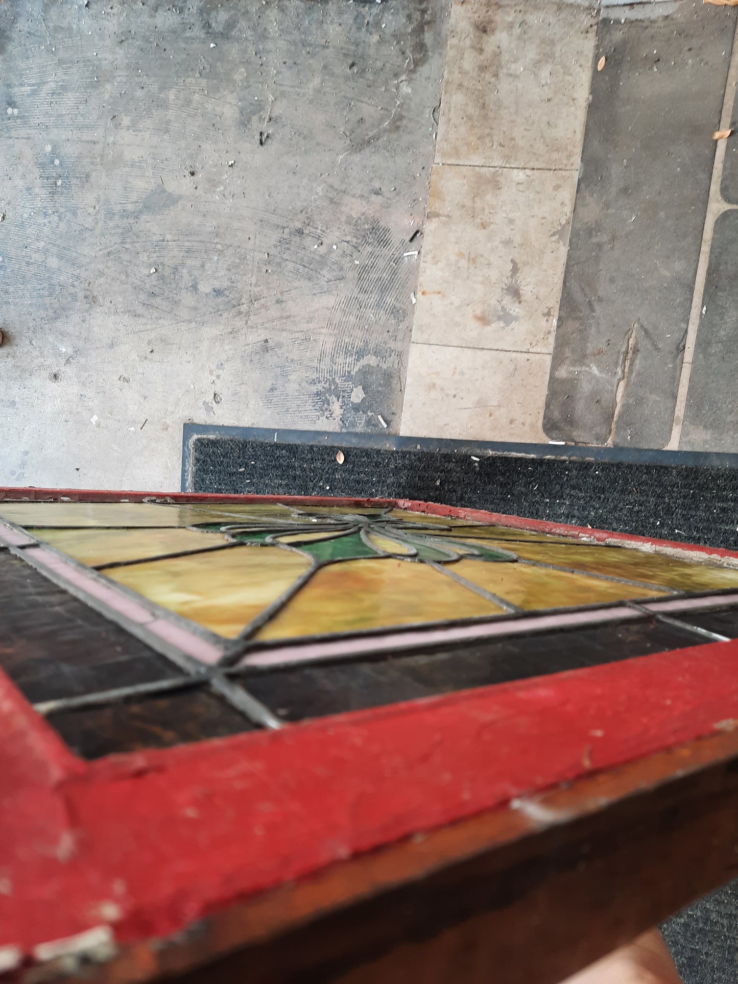 Antique Fleur de Lis Diamond Stained Glass Window, Green Brown Yellow Stained Glass