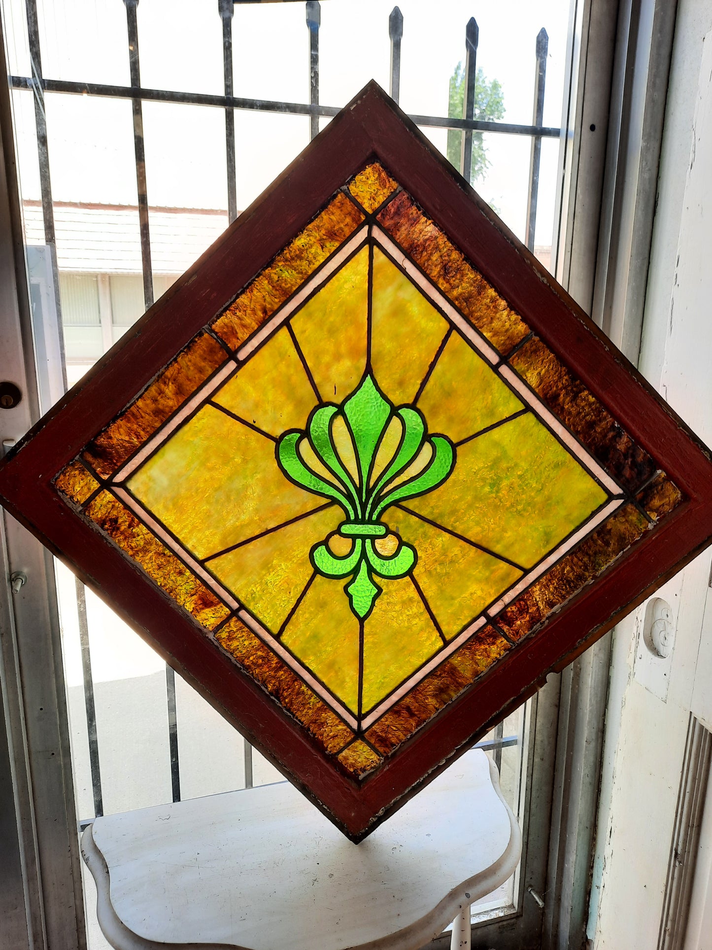 Antique Fleur de Lis Diamond Stained Glass Window, Green Brown Yellow Stained Glass