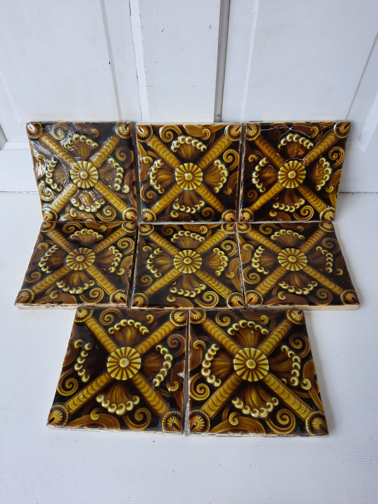 Set of Eight Trent Fireplace Surround Tiles, Floral Pattern 6x6 Antique Tiles 081001