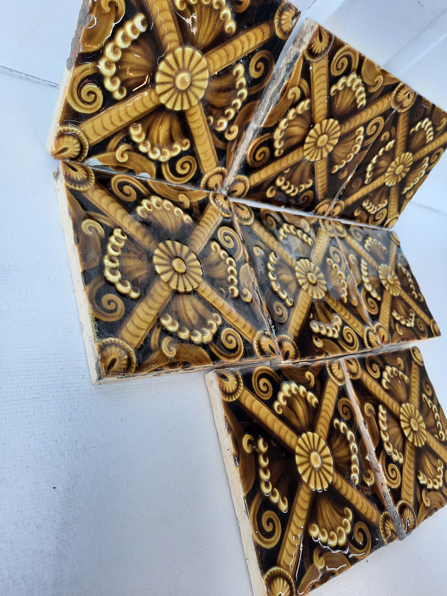 Set of Eight Trent Fireplace Surround Tiles, Floral Pattern 6x6 Antique Tiles 081001