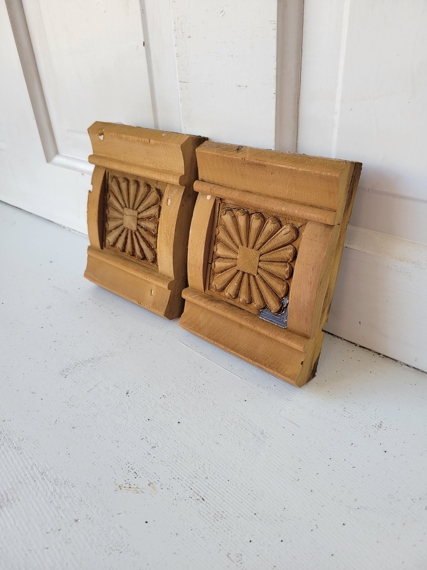 Two Antique Carved Plinth Blocks, Vintage Base Wood Trim Blocks #081701