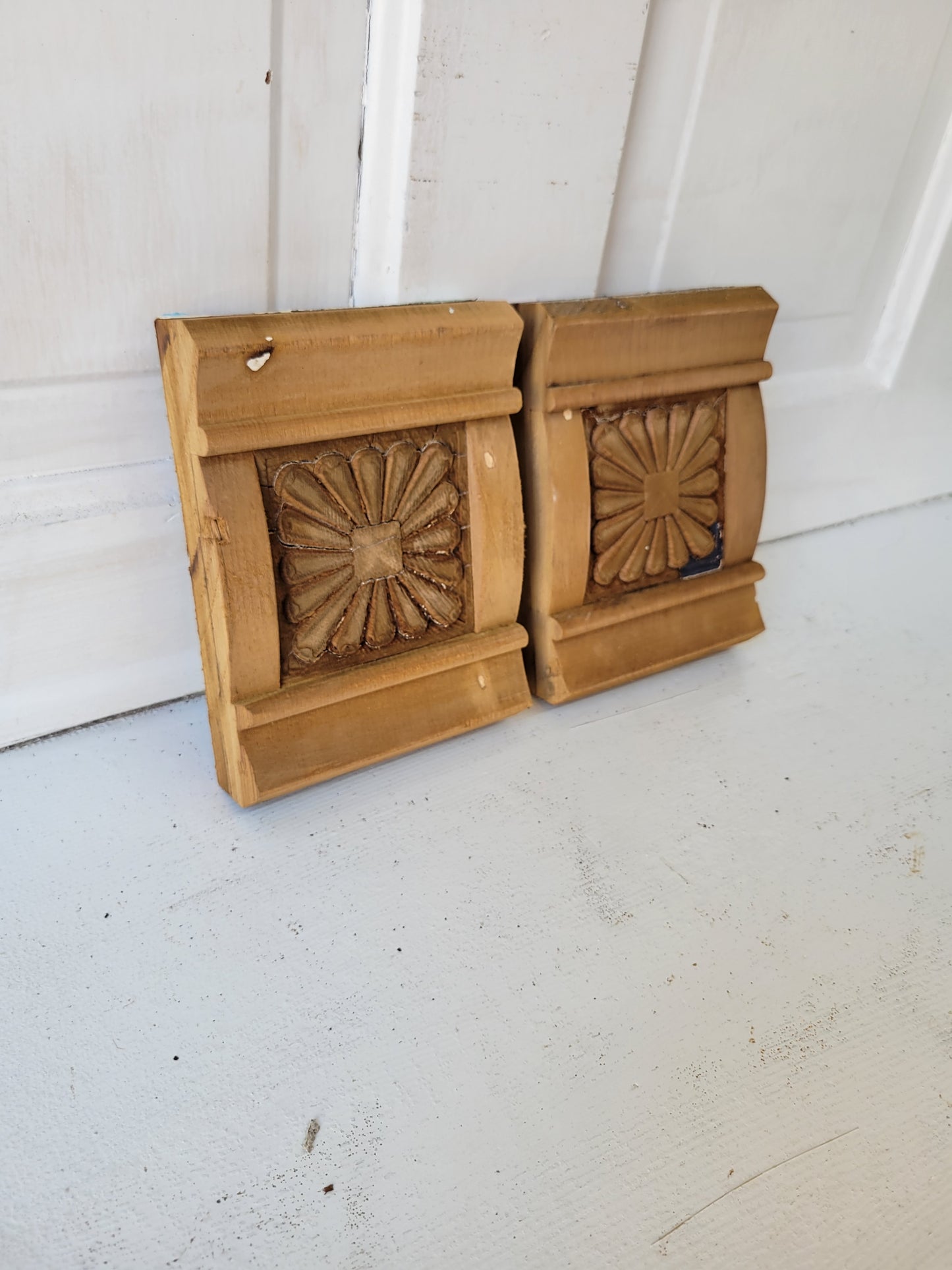 Two Antique Carved Plinth Blocks, Vintage Base Wood Trim Blocks #081701