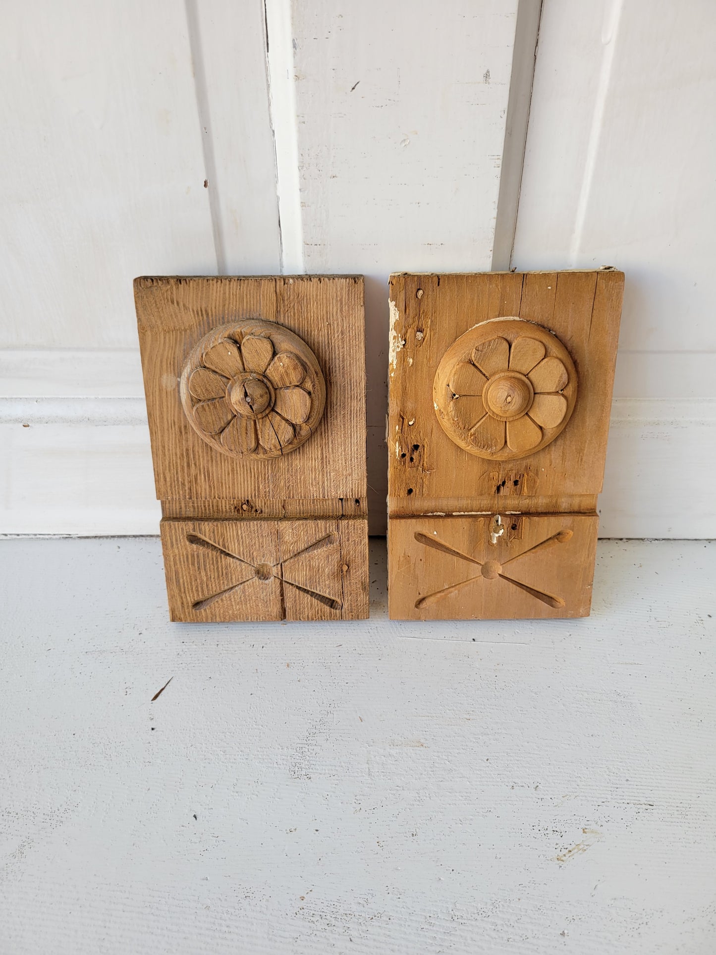 Two Spoon Carved Rosette Plinth Block Trim, White Painted Woodwork Trim Pieces 081705