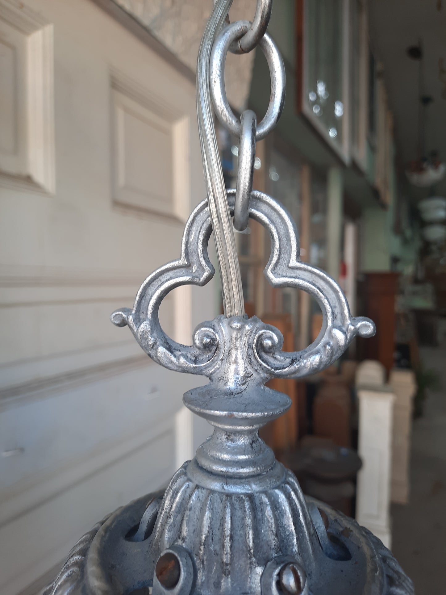 Pierced Metal Antique Chandelier in Pewter Finish, Aged Silver Riddle Style Chandelier