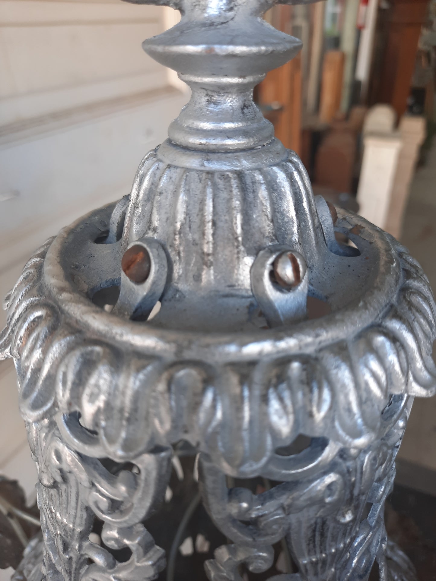Pierced Metal Antique Chandelier in Pewter Finish, Aged Silver Riddle Style Chandelier