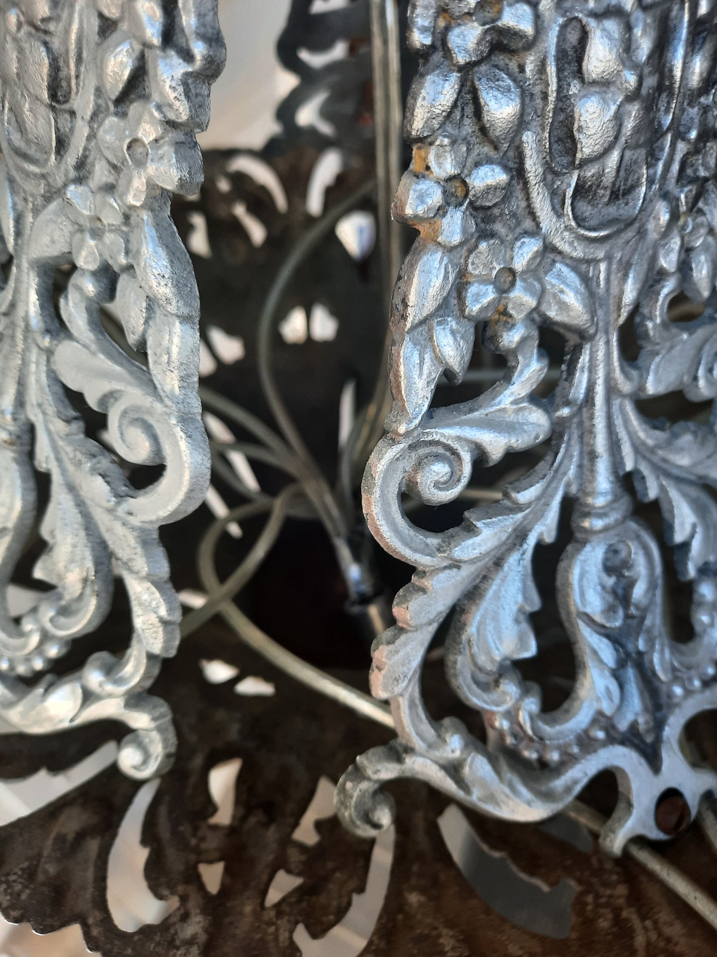 Pierced Metal Antique Chandelier in Pewter Finish, Aged Silver Riddle Style Chandelier