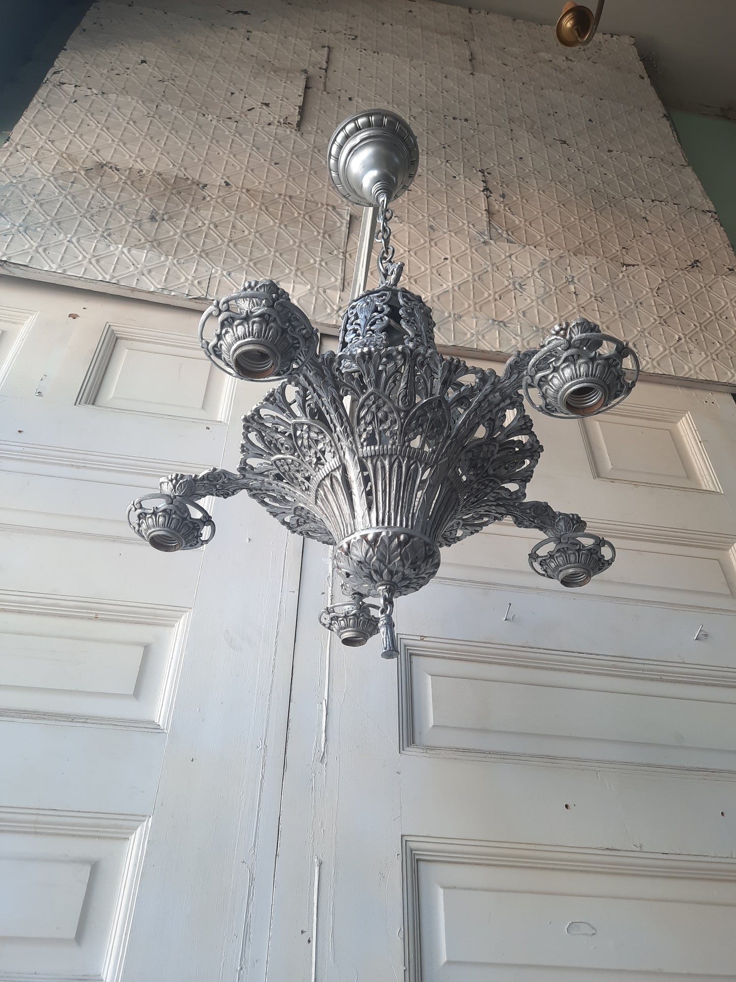 Pierced Metal Antique Chandelier in Pewter Finish, Aged Silver Riddle Style Chandelier