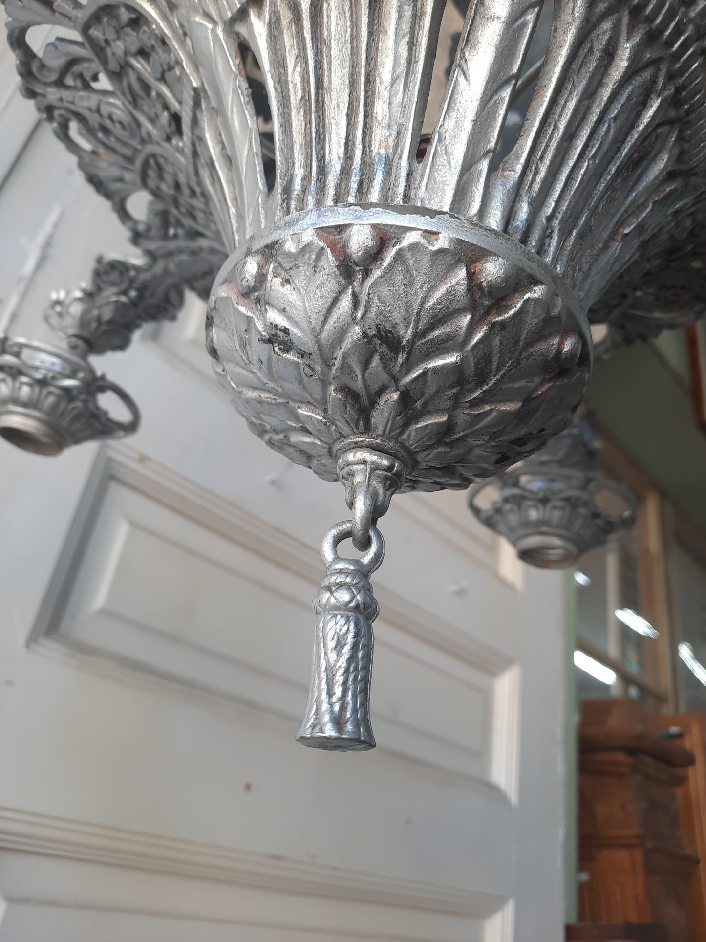 Pierced Metal Antique Chandelier in Pewter Finish, Aged Silver Riddle Style Chandelier
