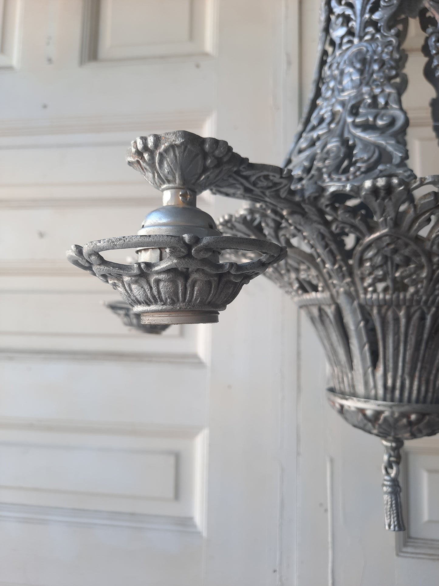 Pierced Metal Antique Chandelier in Pewter Finish, Aged Silver Riddle Style Chandelier