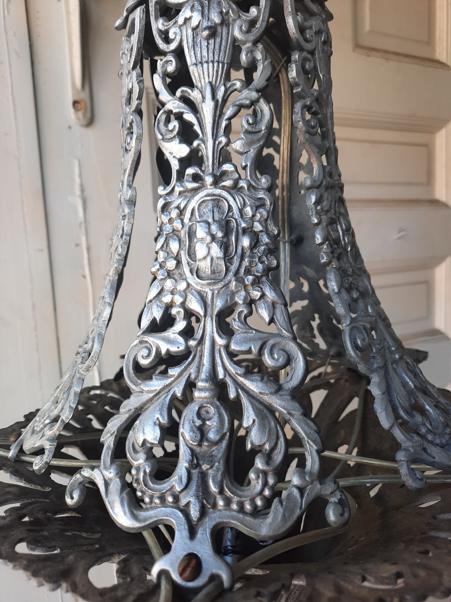 Pierced Metal Antique Chandelier in Pewter Finish, Aged Silver Riddle Style Chandelier