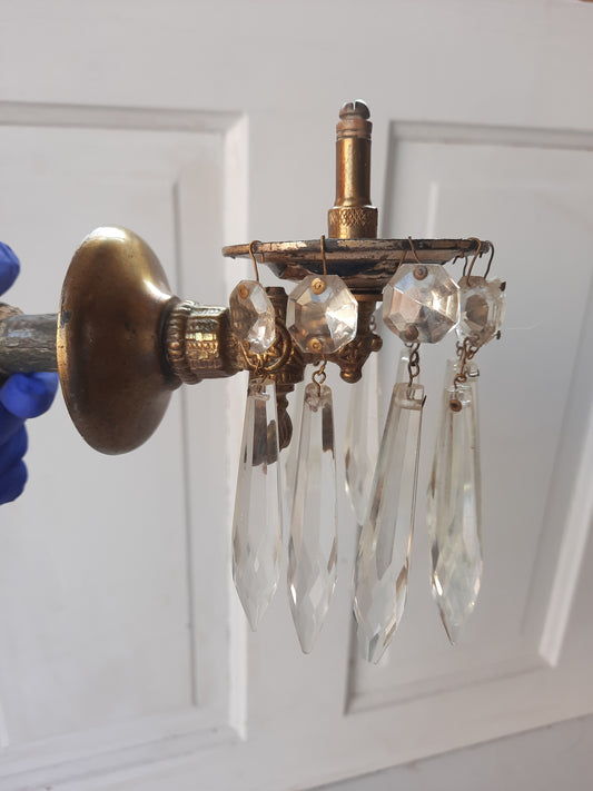 Antique Brass and Crystal Prism Gas Sconce Fixture, Antique Gas Light Wall Sconce 082902