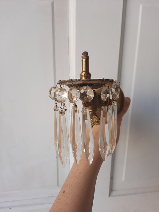 Antique Brass and Crystal Prism Gas Sconce Fixture, Antique Gas Light Wall Sconce 082902