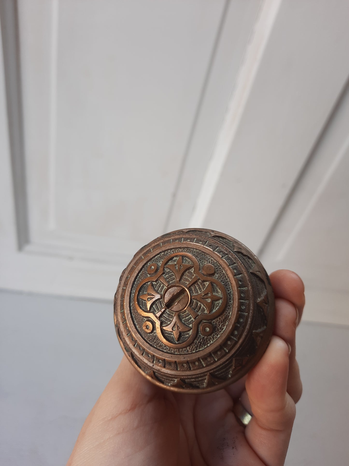 1885 Pair of Solid Bronze Norwalk Doorknobs, Victorian Eastlake Bronze Door Knob Set 082903