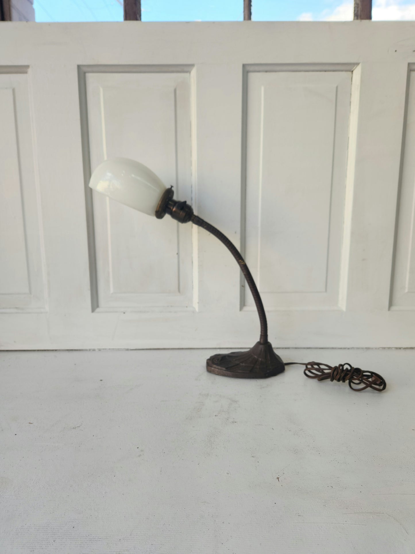 Vintage Iron and Milk Glass Gooseneck Lamp, Vintage Desk Lamp or Task Lamp 083105
