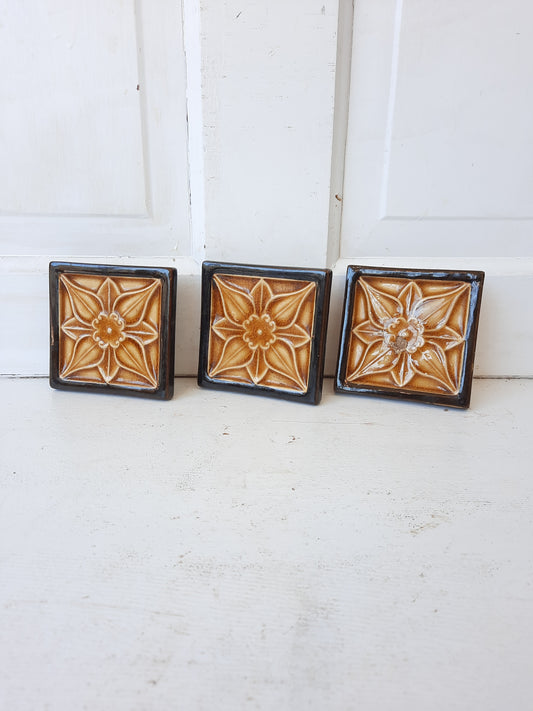 Three Antique Glazed Flower Design Fireplace Tiles, Antique Deco Style Tile Set 083108