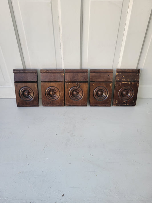 Five Antique Bullseye Plinth Blocks, Vintage Carved Wood Trim Blocks #090403