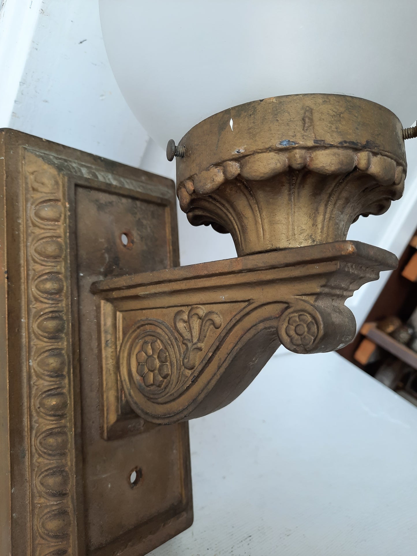 Antique Cast Iron Porch Light Sconce with Cut Glass Globe, Iron Sconce with Glass Shade 090501