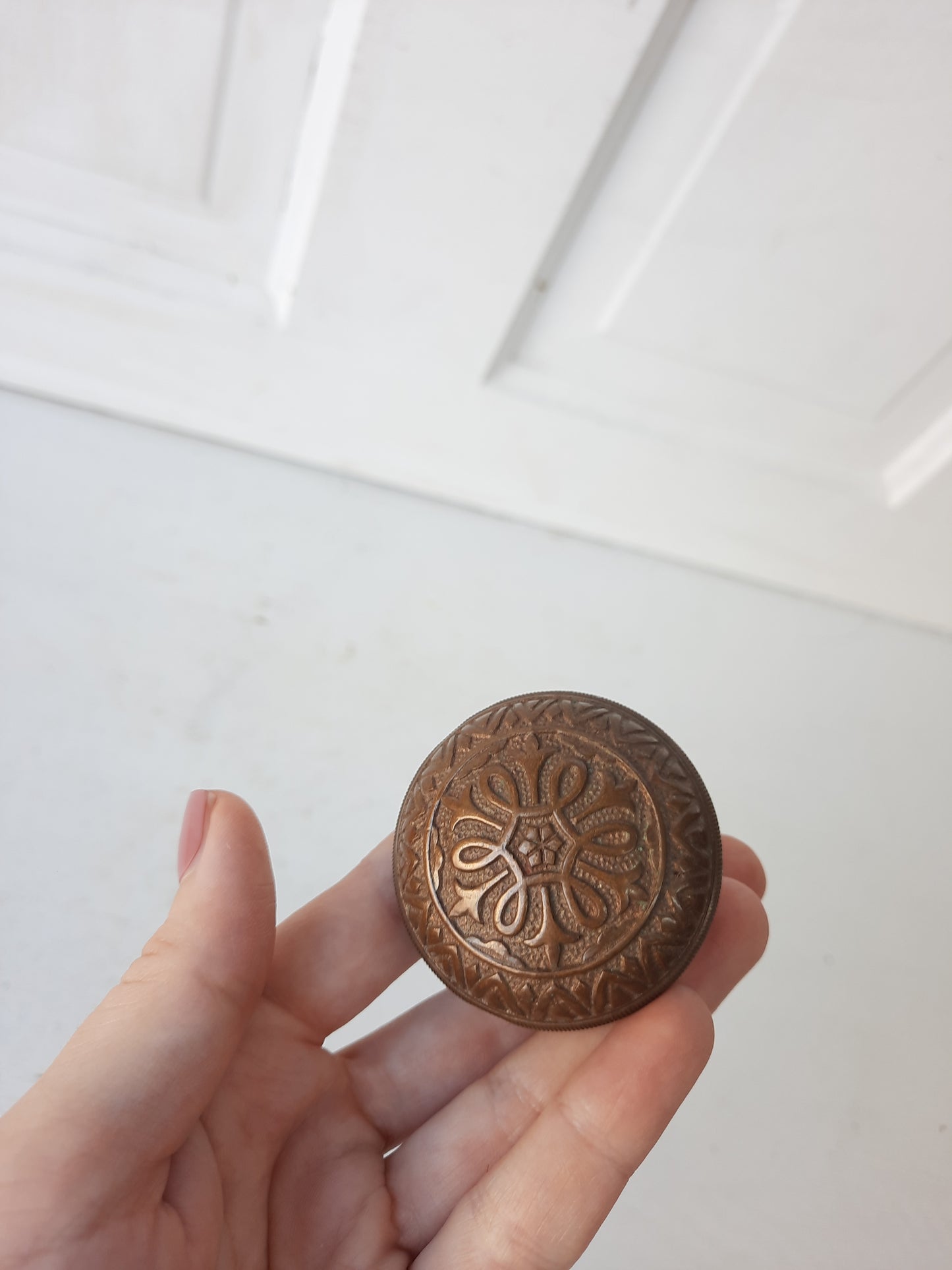 1873 Small Yale Doorknob with Ornate Pattern, Antique Bronze Door Knob from Victorian Era 090901