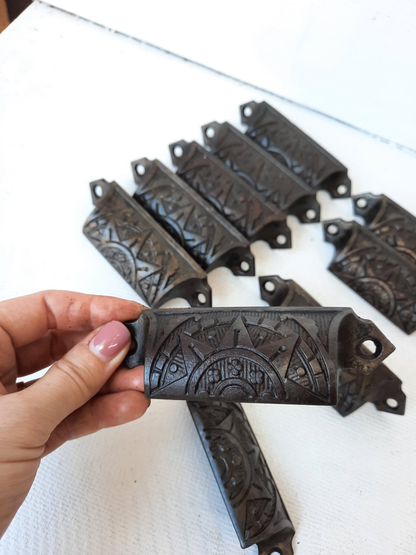 Ten Sunburst Pattern Victorian Cast Iron Bin Pulls, Ornate Hardware, Iron Drawer Pull 091416