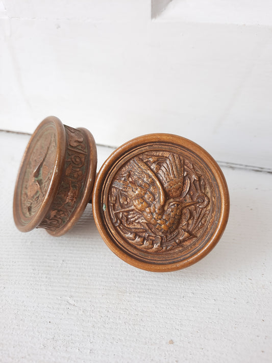 Pair of Hummingbird Doorknobs by Russell Erwin, Ornate Bird Design Antique Bronze Door Knobs