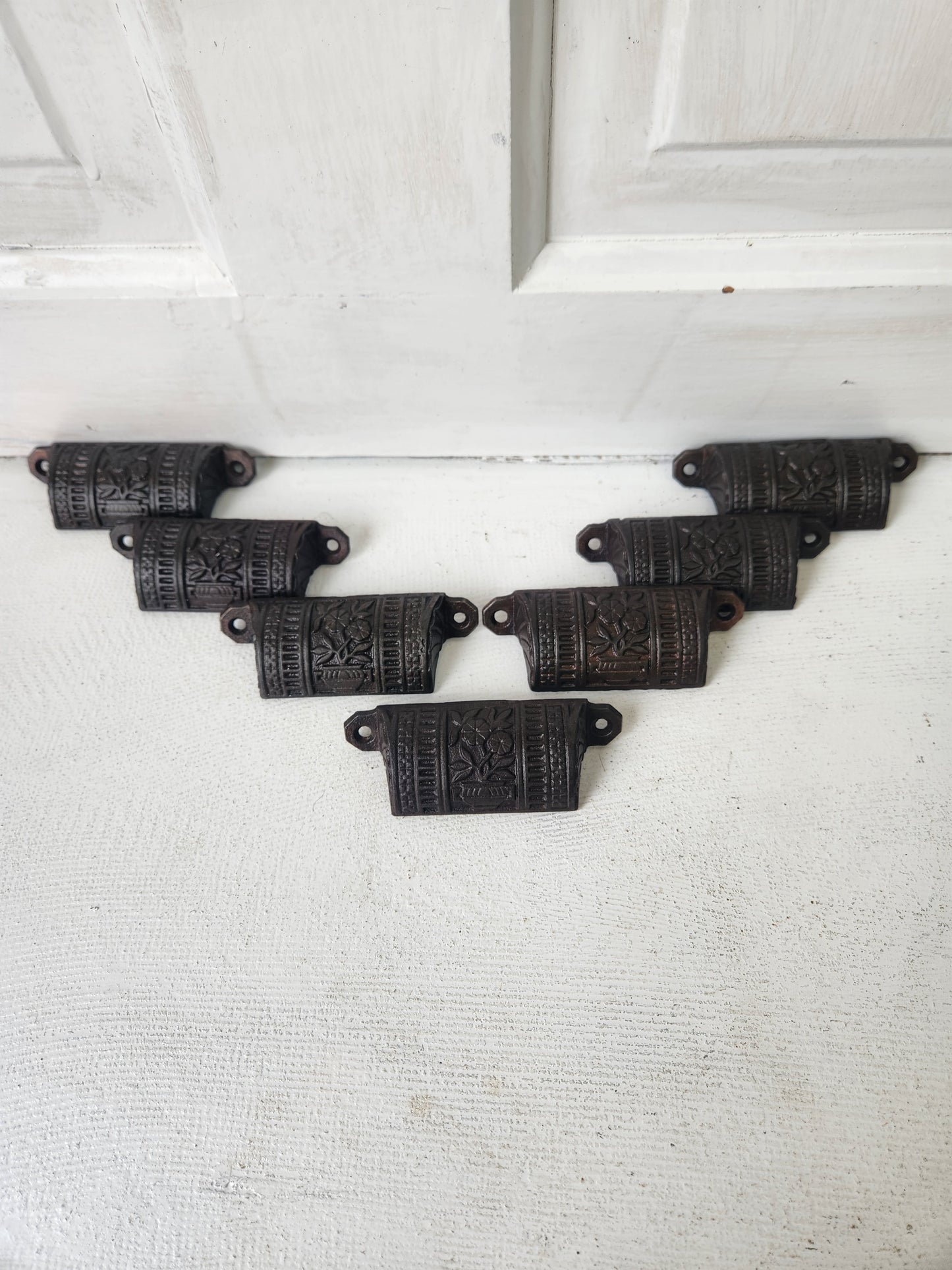 Seven Victorian Cast Iron Bin Pulls with Open Design, Antique Drawer Handle, Ornate Hardware, Iron Drawer Pull, Antique Handle 092102
