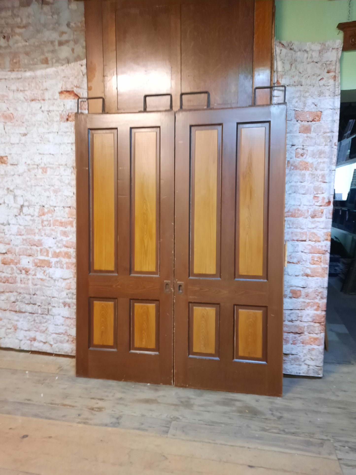 64" Pair of Antique Oak and Pine Pocket Doors, Victorian Era Double Sliding Pocket Doors 092603