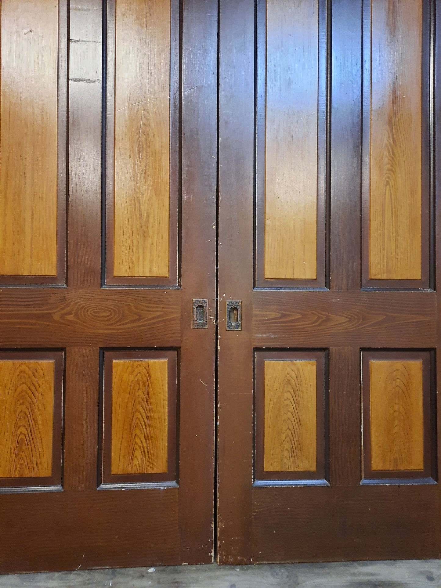 64" Pair of Antique Oak and Pine Pocket Doors, Victorian Era Double Sliding Pocket Doors 092603