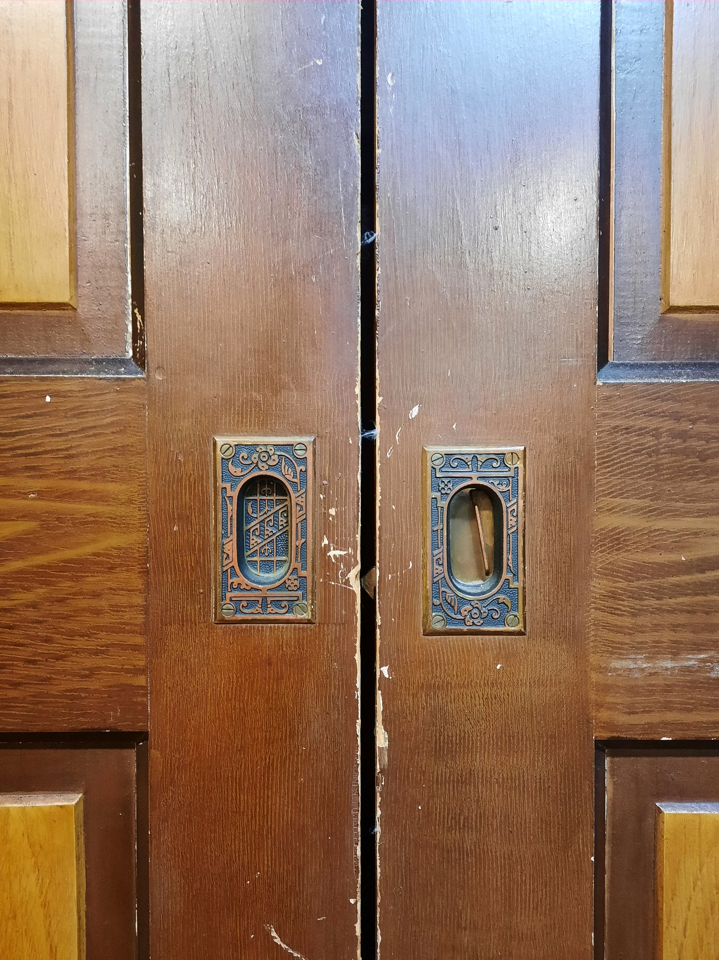 64" Pair of Antique Oak and Pine Pocket Doors, Victorian Era Double Sliding Pocket Doors 092603
