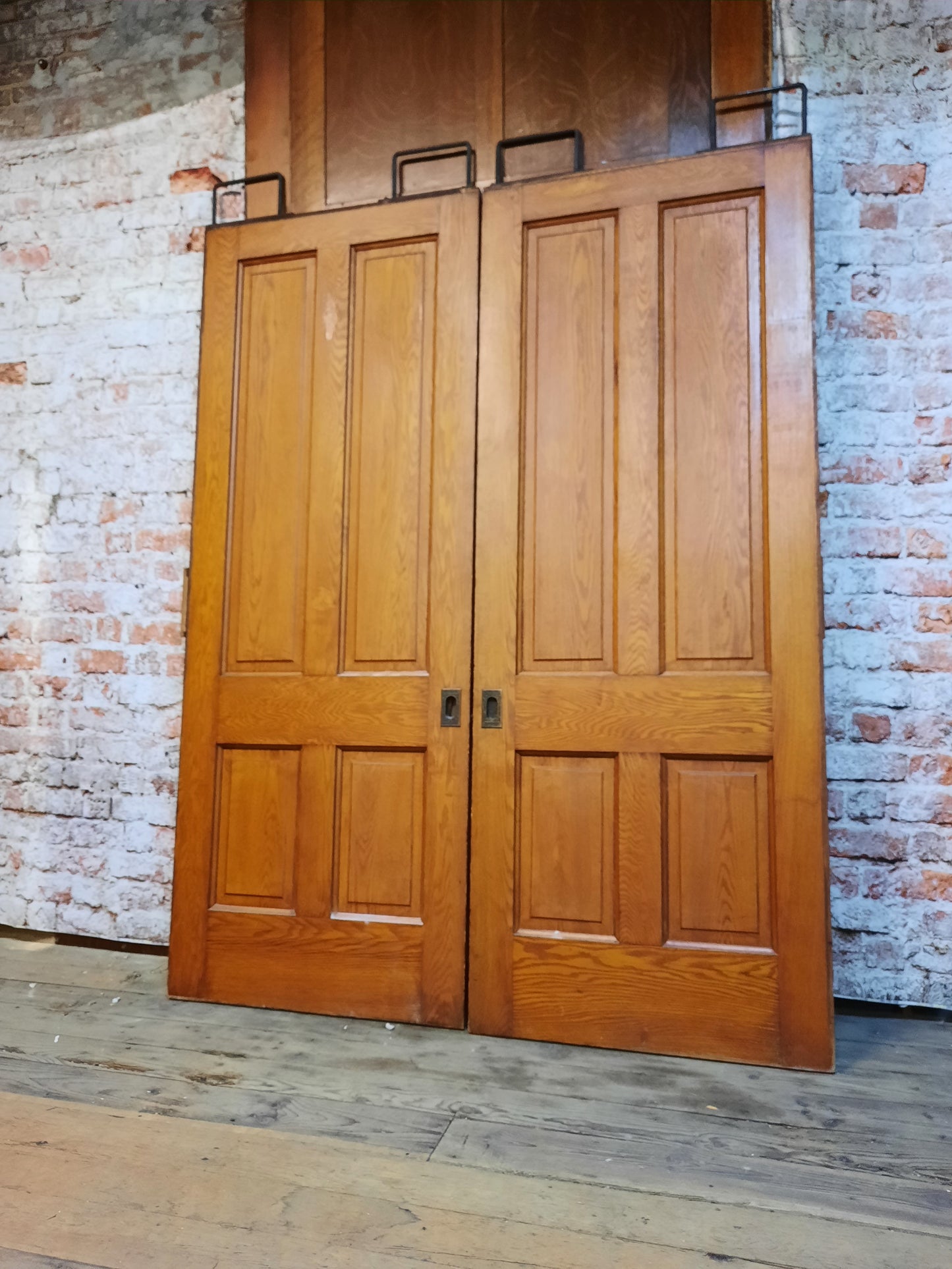 64" Pair of Antique Oak and Pine Pocket Doors, Victorian Era Double Sliding Pocket Doors 092603