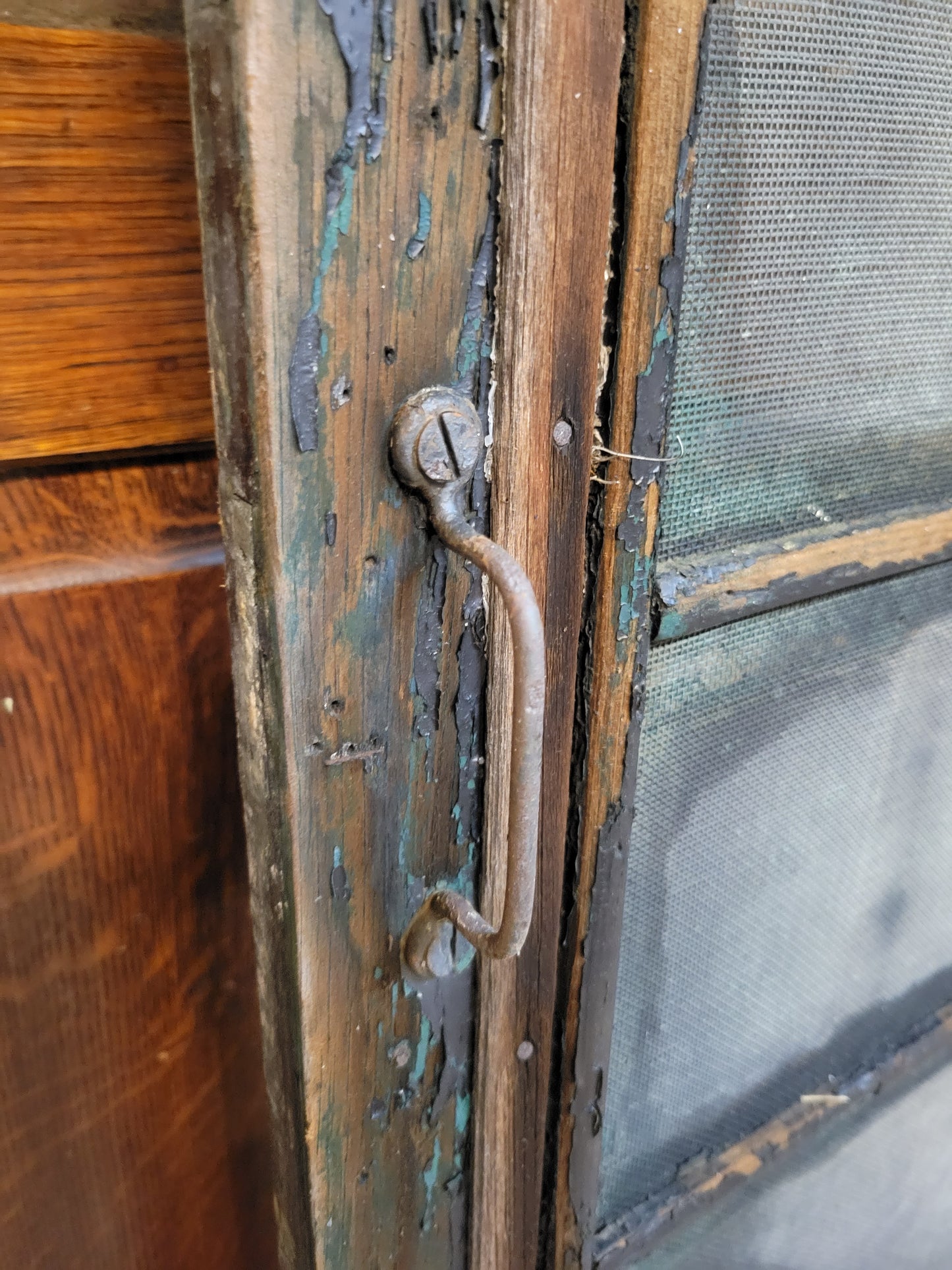 Fancy Antique Screen Door, Salvaged Farmhouse Screen Door with Gingerbread Woodwork 092704