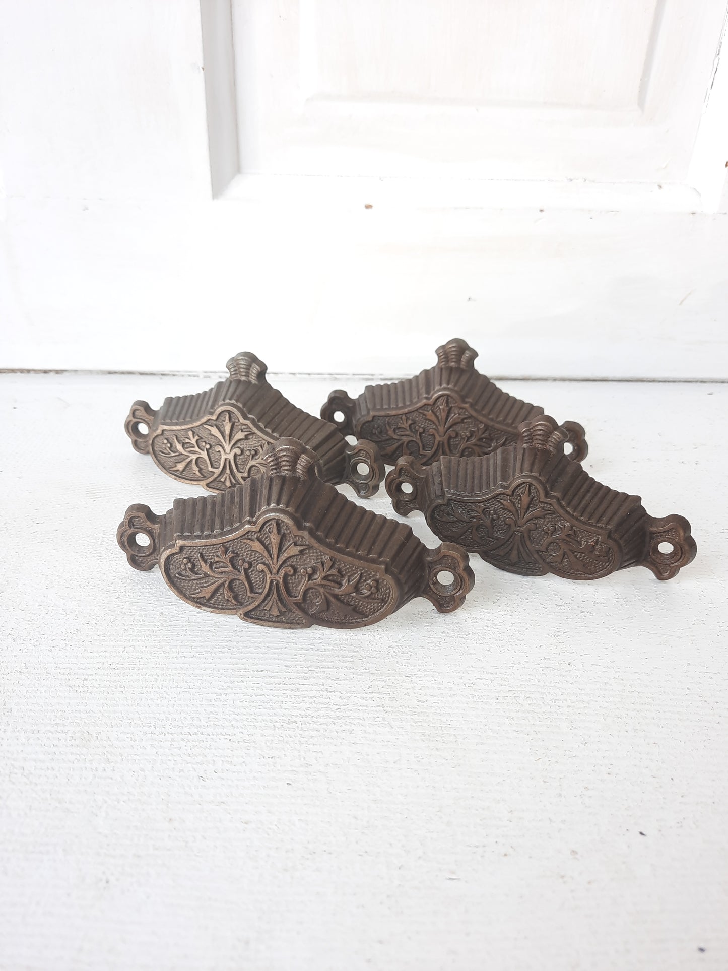 Four Ornate Pattern Victorian Cast Iron Bin Pulls, Antique Drawer Handle, Apothecary Pulls 100307