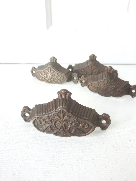 Four Ornate Pattern Victorian Cast Iron Bin Pulls, Antique Drawer Handle, Apothecary Pulls 100307