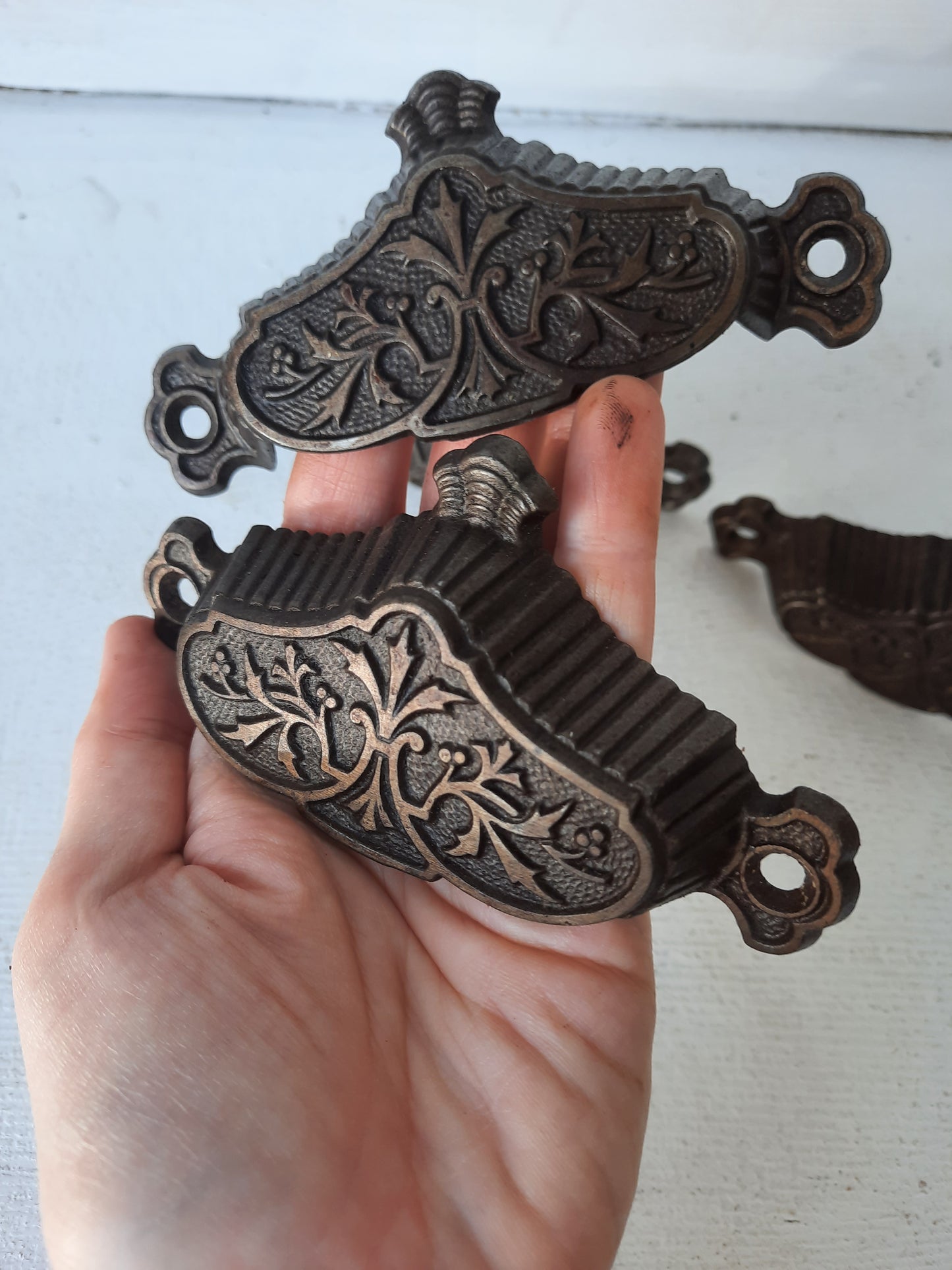 Four Ornate Pattern Victorian Cast Iron Bin Pulls, Antique Drawer Handle, Apothecary Pulls 100307