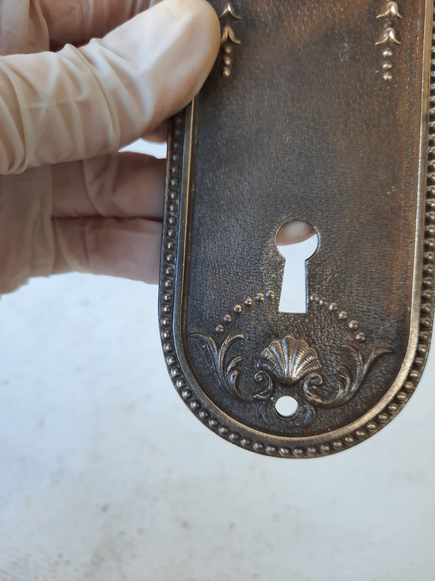 Pair of Oval Bronze Doorknob Backplates with Floral Design, Antique Knob Escutcheons 101006