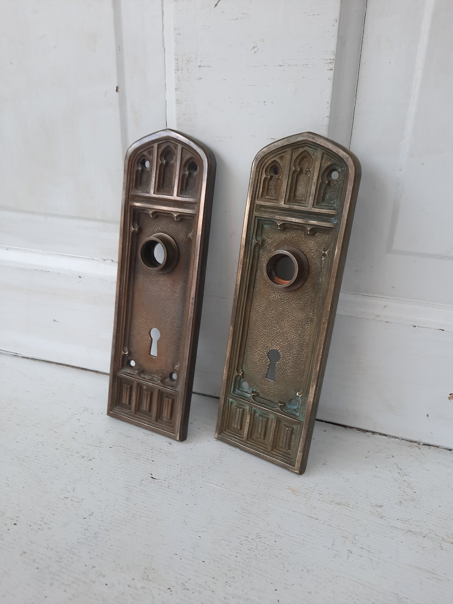 Pair of Newark Bronze Backplates from 1925 Church, Gothic Bronze Door Plate Set 101105