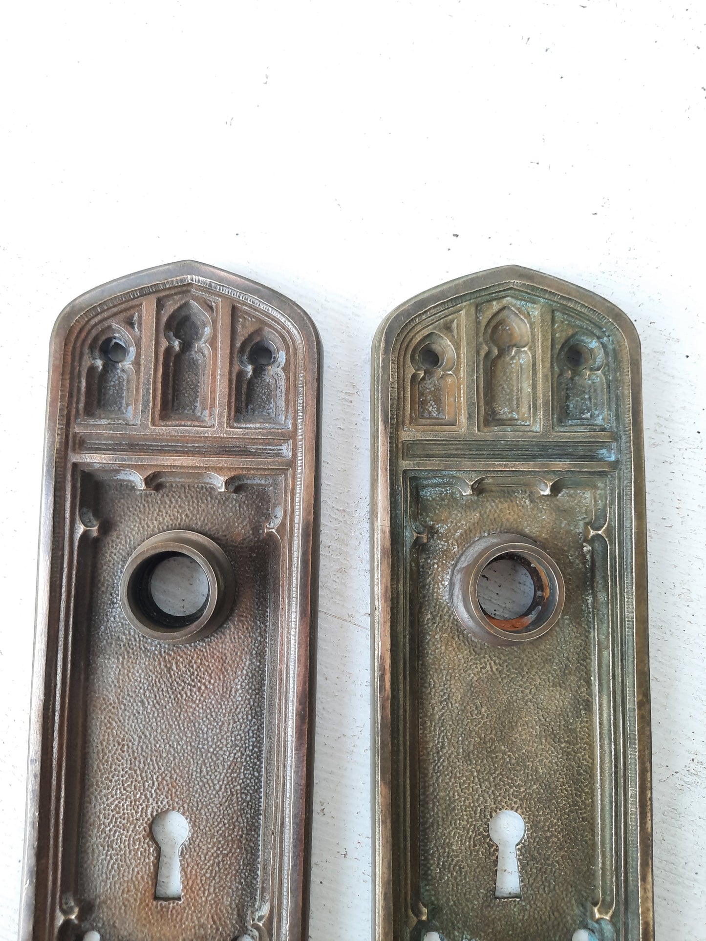 Pair of Newark Bronze Backplates from 1925 Church, Gothic Bronze Door Plate Set 101105