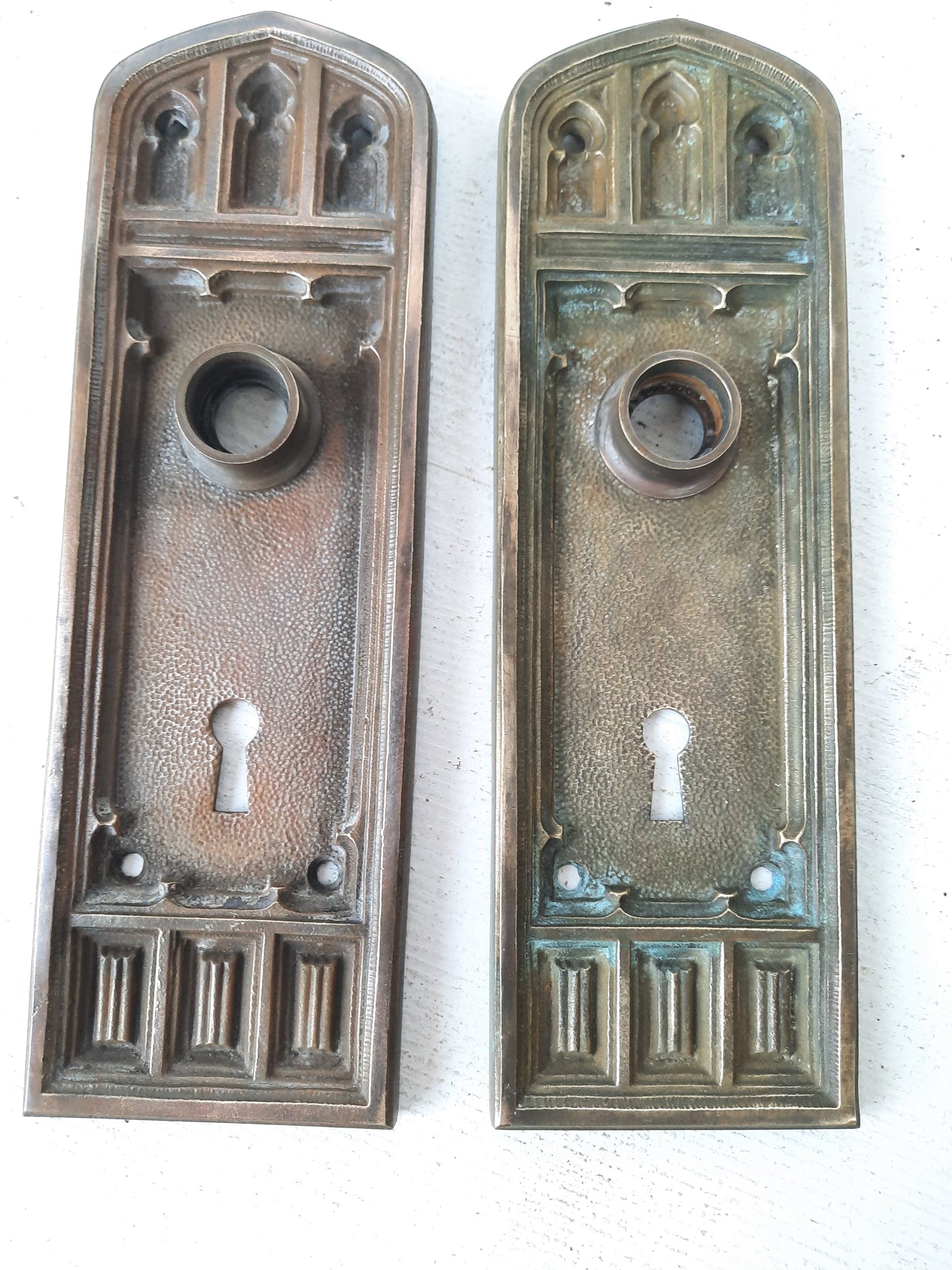 Pair of Newark Bronze Backplates from 1925 Church, Gothic Bronze Door Plate Set 101105