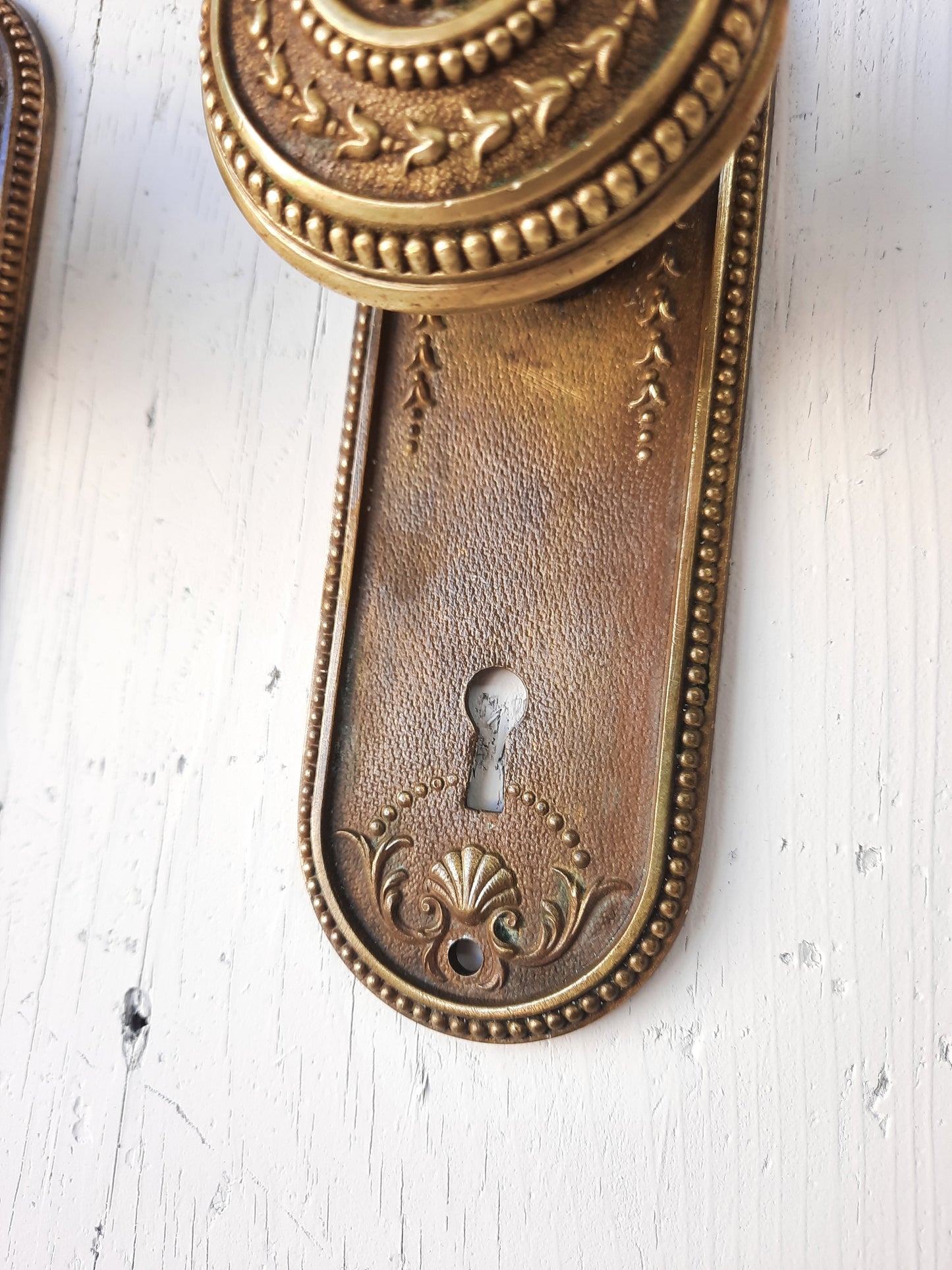 Set of Ornate Solid Bronze Antique Backplates and Knobs, Set of Door Hardware 101706