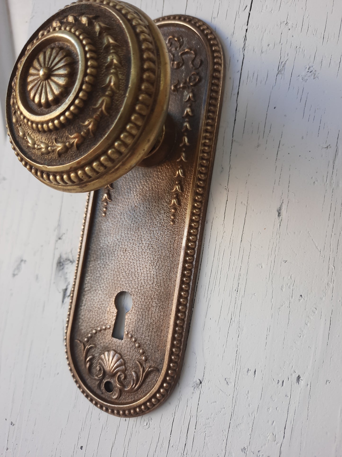 Set of Ornate Solid Bronze Antique Backplates and Knobs, Set of Door Hardware 101706