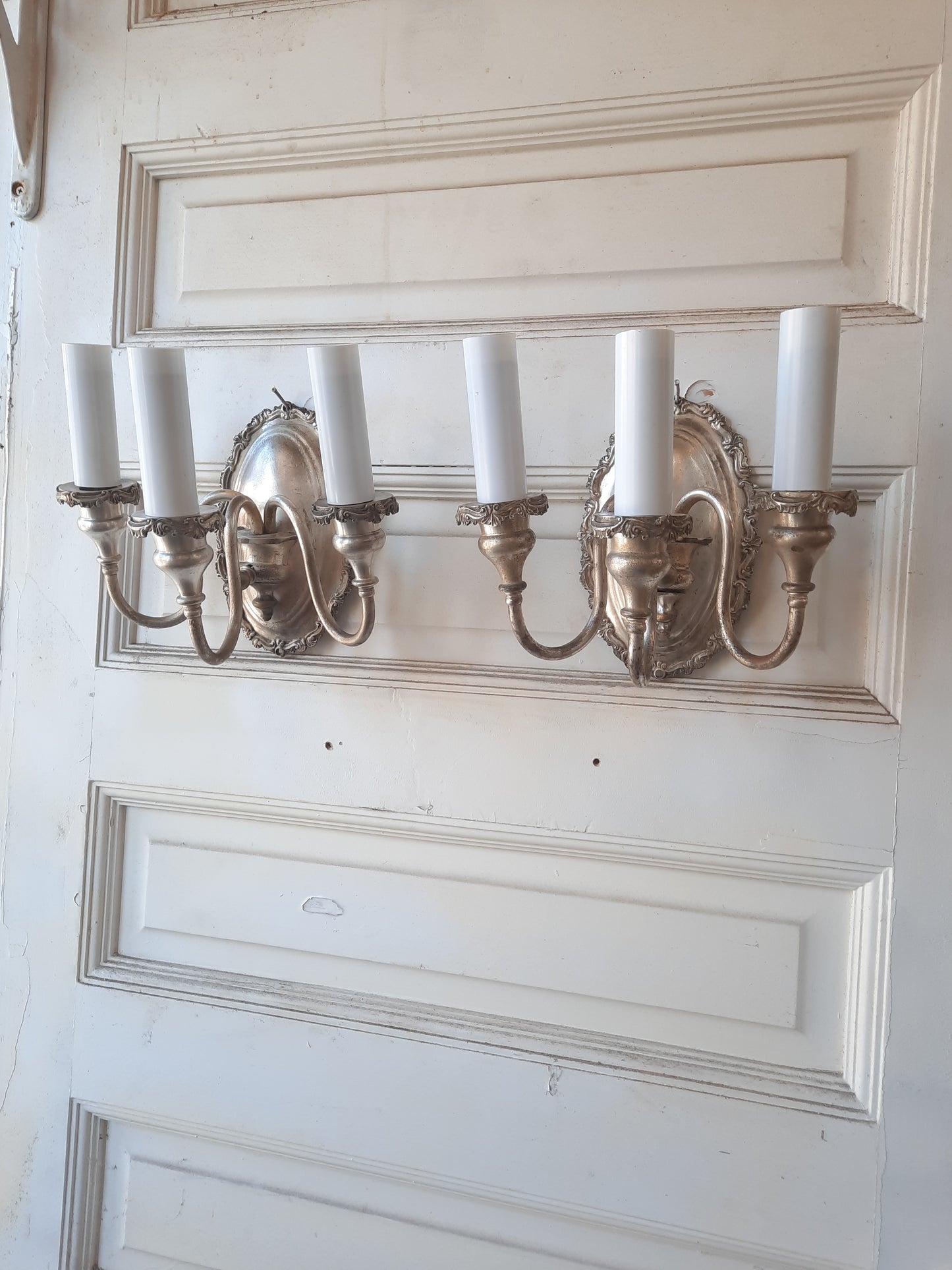 Pair of Silver Plated Antique Wall Sconces, Antique Silver Candle Wall Lights