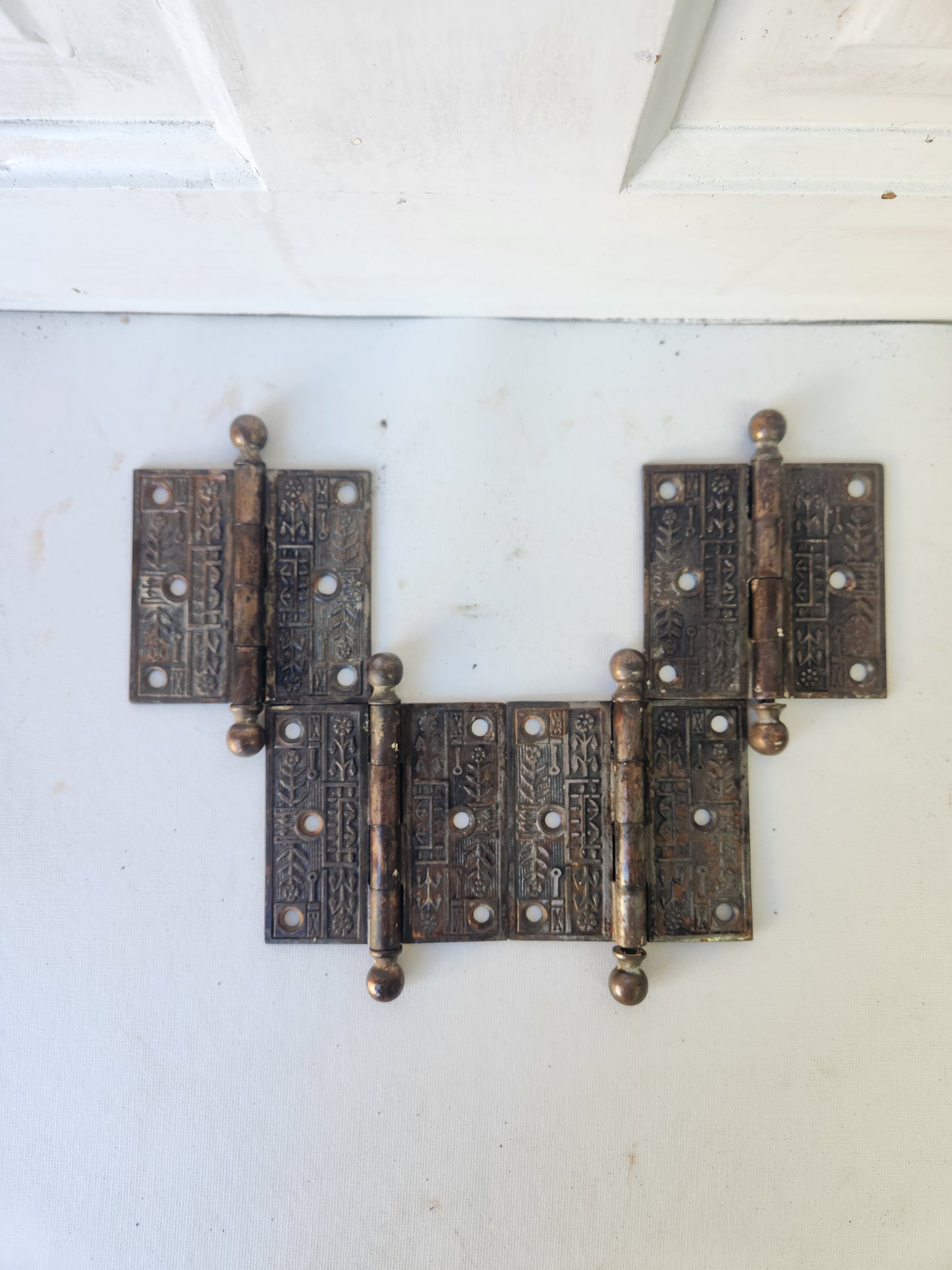 Four Eastlake 3 1/2" Antique Steeple Tip Hinges, Victorian Iron Ornate Pattern Door Hinges 110906